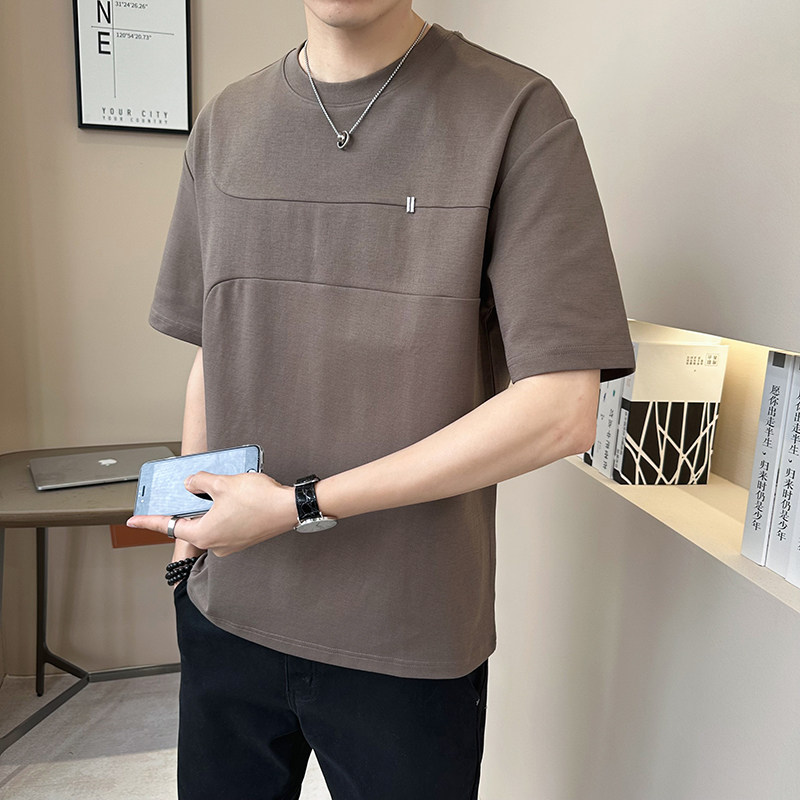 新面料轻奢高级男士设计感美式复古拼接短袖T恤半袖8786-P48图片