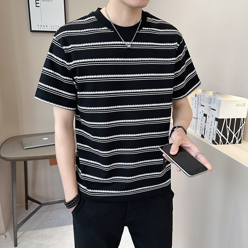 新面料轻奢冰丝男士设计感提花条纹短袖T恤半袖85159-P48,男装T恤,电商D246