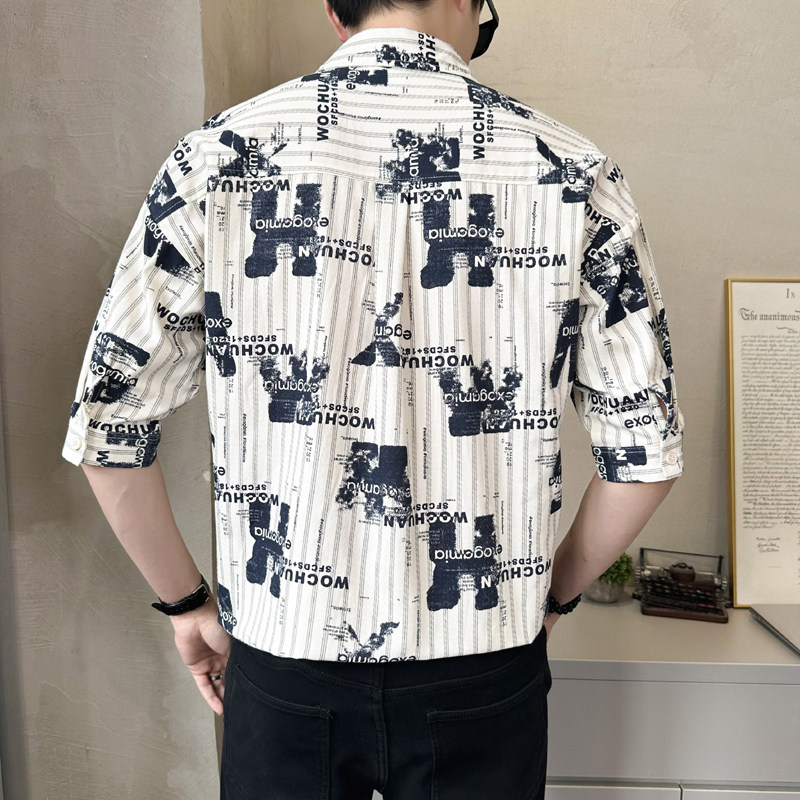 店主风-夏季冰丝满印花中袖印花五分袖帅气短袖衬衫8607-P50,男装衬衫,电商D246