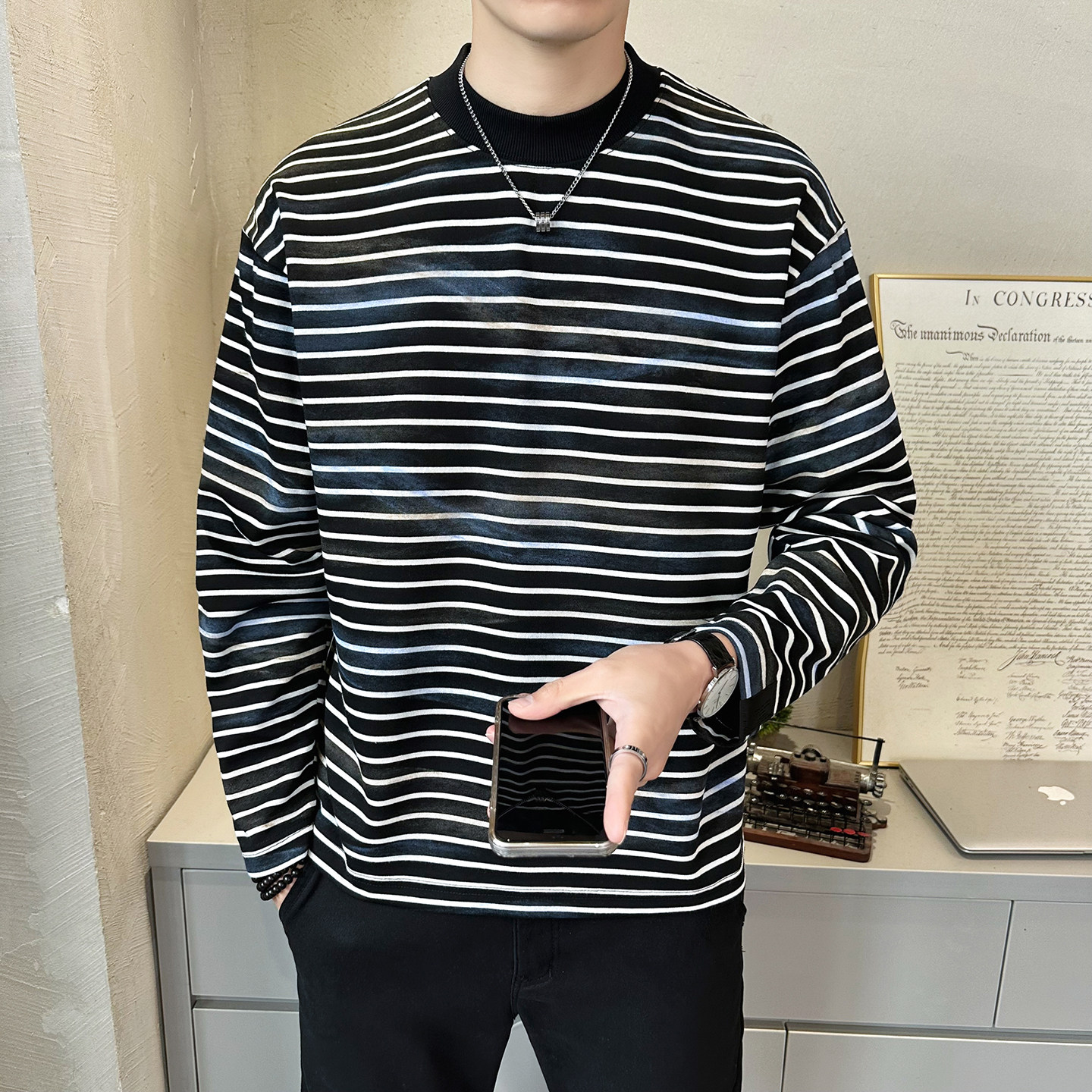 抖音慵懒风上衣男条纹扎染针织长袖卫衣圆领外套WY200-P68,女装短外套,电商D246