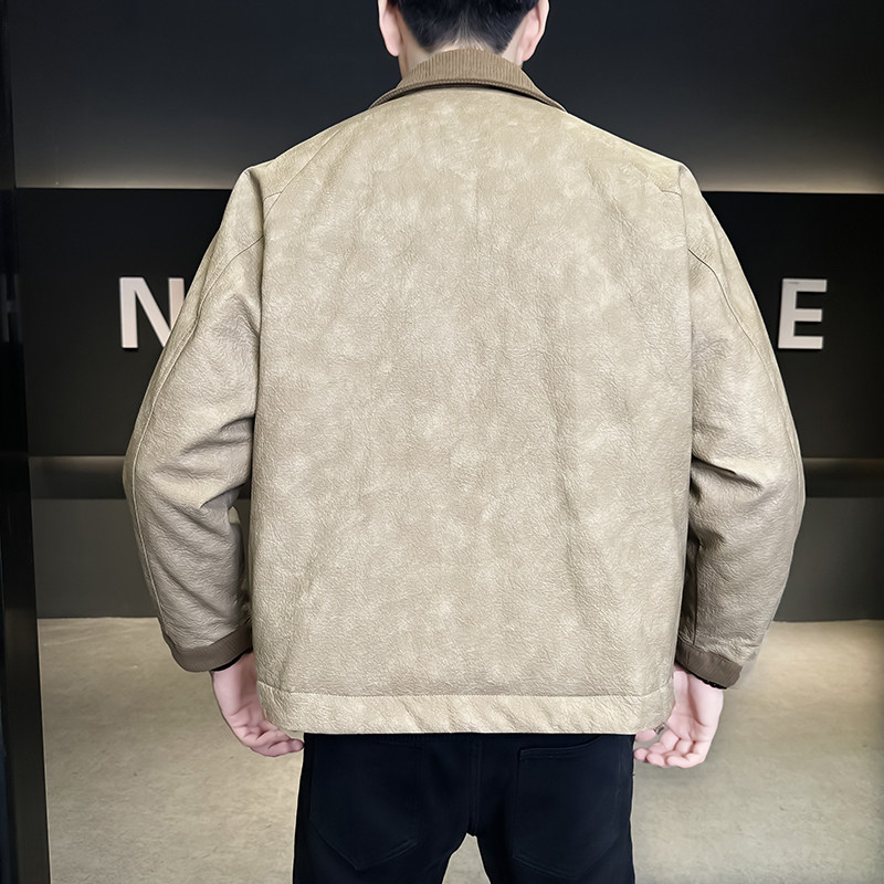 @标美式皮衣纹路感拼接PU翻领工装皮羽绒服男外套YR896-P205,男装皮衣,电商D246