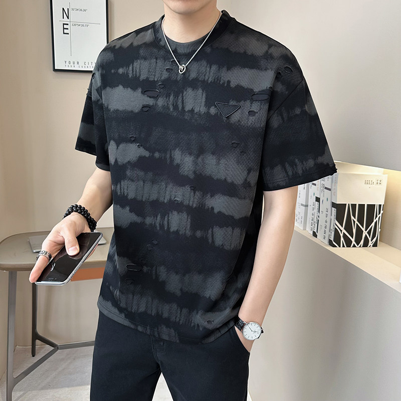 新面料轻奢破洞男士设计感晕染短袖T恤半袖8503-P48图片