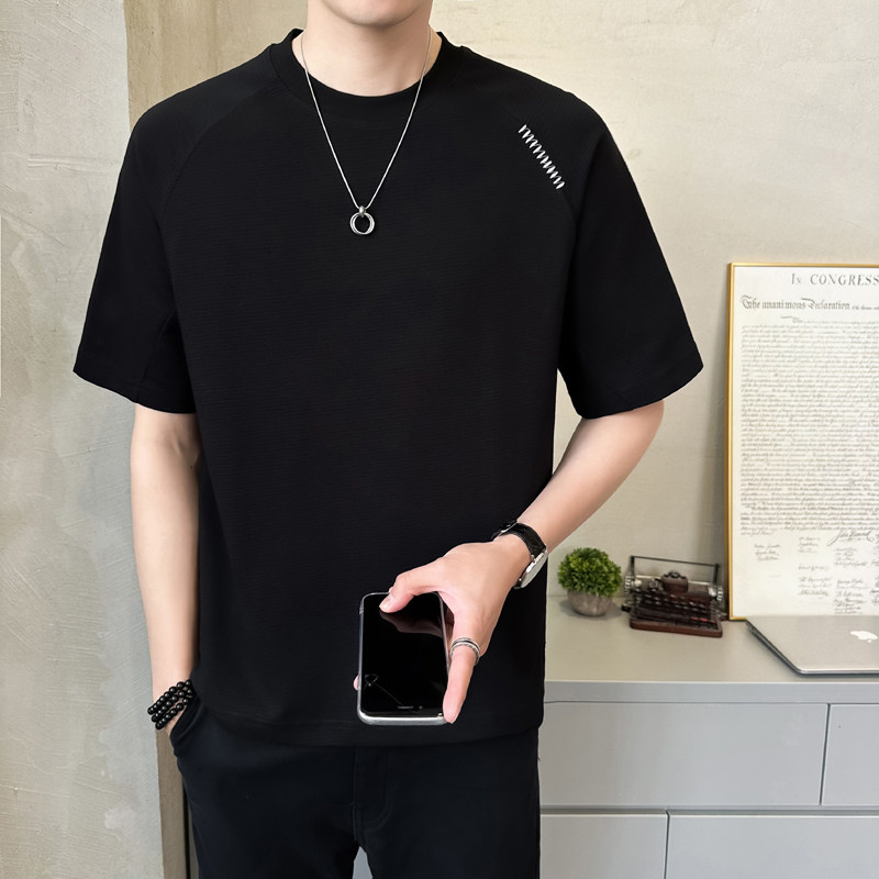 肌理感罗马布男士高克重拼接圆领短袖T恤半袖T518-P4878图片