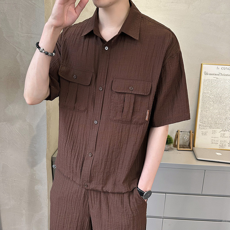 高品质重工艺男士冰丝衬衫工装一套装休闲运动短袖短裤30197-P100,男装T恤,电商D246