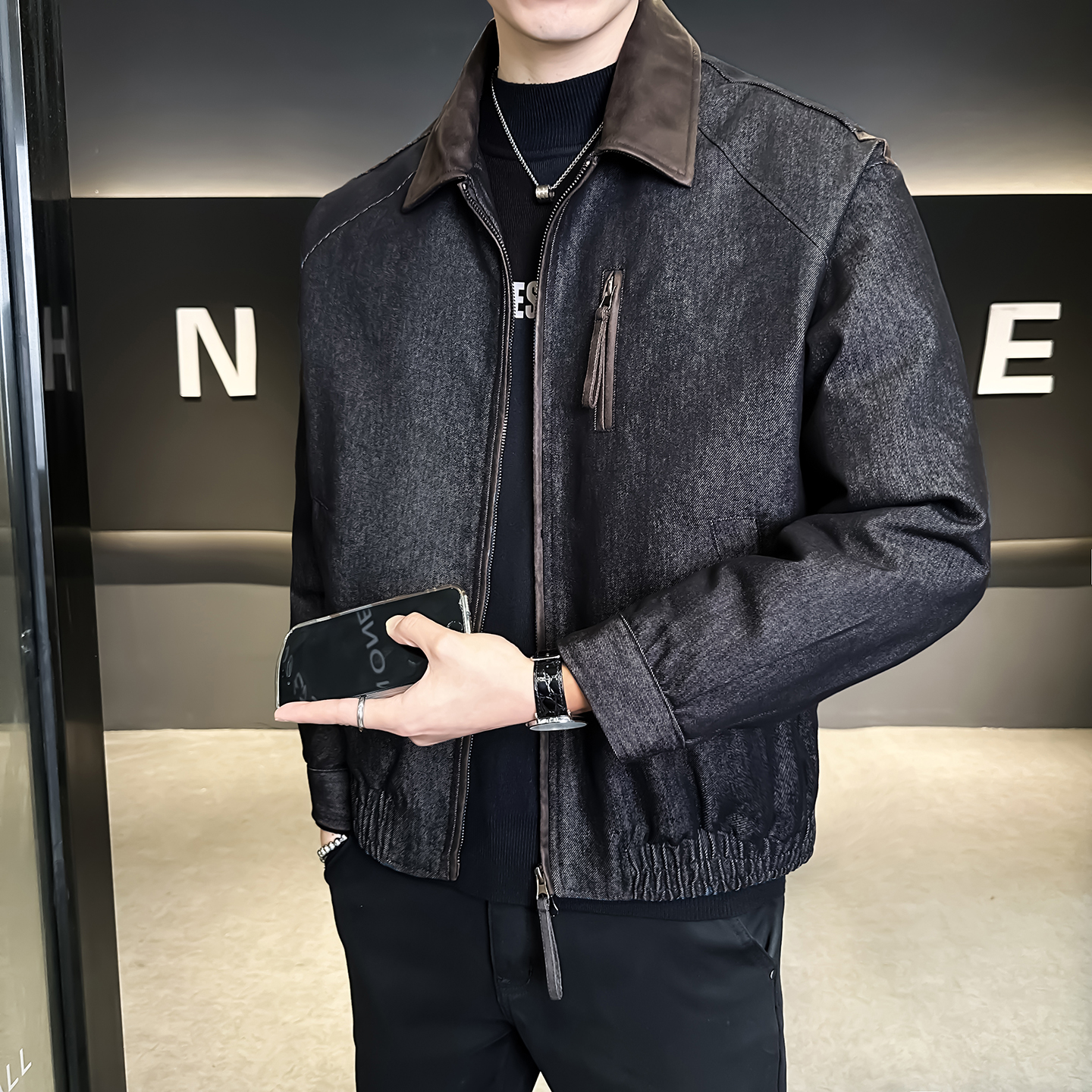 @标50美式风格牛仔外套拼接羽绒服潮流男翻领领YR899-P205，男装工装外套，电商D246