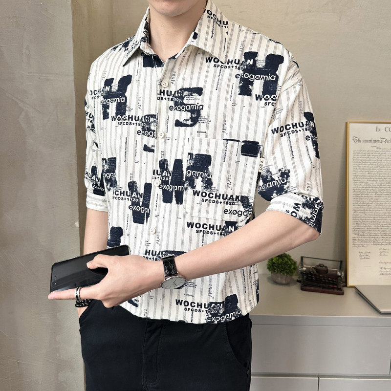 店主风-夏季冰丝满印花 中袖印花五分袖帅气短袖衬衫8607-P50图片