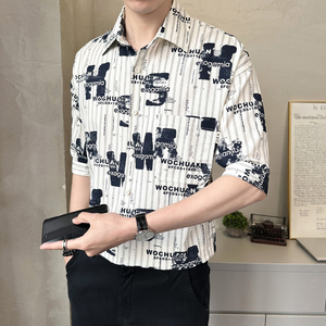 店主风-夏季冰丝满印花 中袖印花五分袖帅气短袖衬衫8607-P50图片