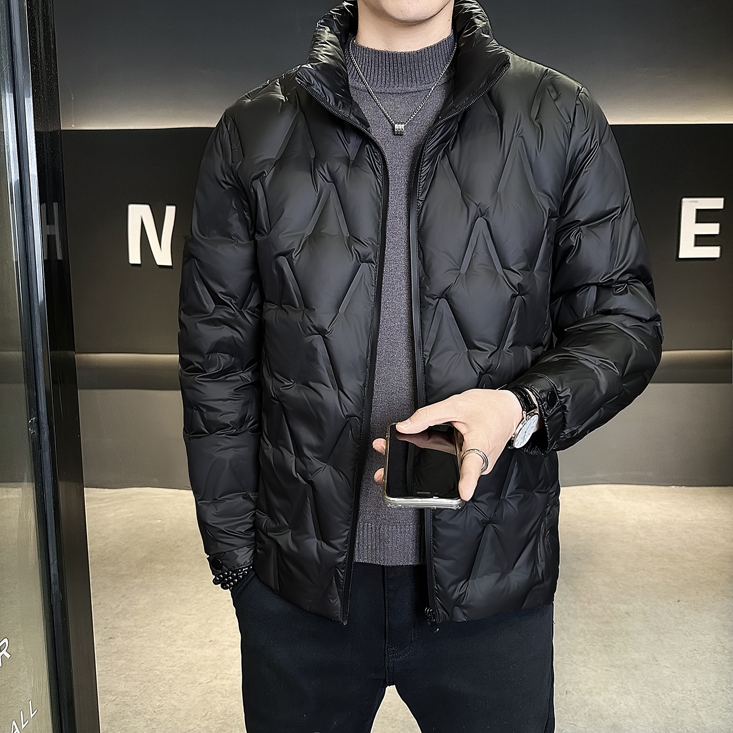 @新标90新款抖音外套羽绒服轻奢菱形格男外套2510-P210，男装羽绒服，电商D246