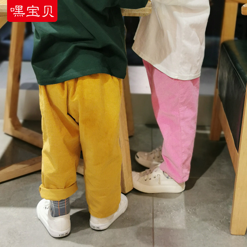 嘿宝贝百搭灯芯绒卷边萝卜裤
