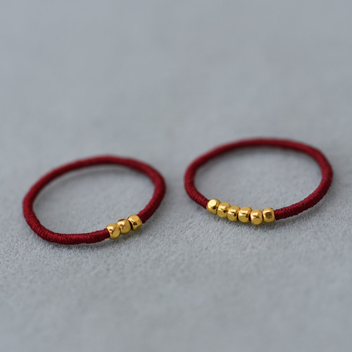 足金999方糖珠纯手工编织戒指新