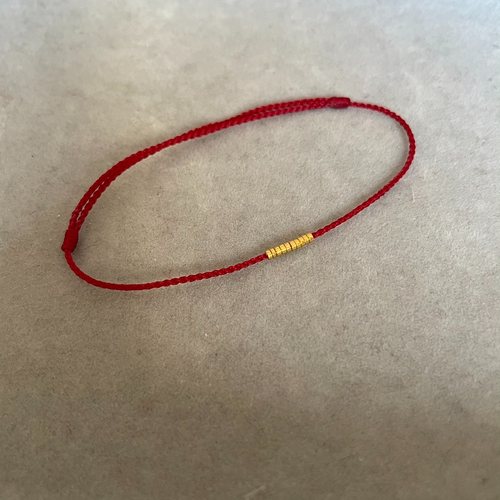 巨细纯手工编织24K纯黄金999足金极小隔片金片可调节红绳手链脚链