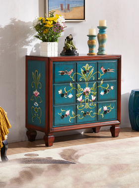 美式蓝色实木六斗柜奢华欧式储物柜餐边柜复古艺术手绘家具客厅柜