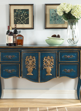 浮雕瓶安美式餐边柜地中海蓝色装饰柜复古法式实木彩绘储物玄关柜