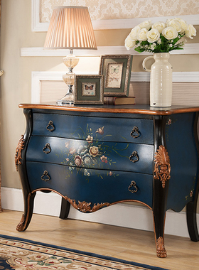 美式蓝色斗柜储物柜抽屉式地中海复古手绘客厅柜收纳玄关柜床边柜