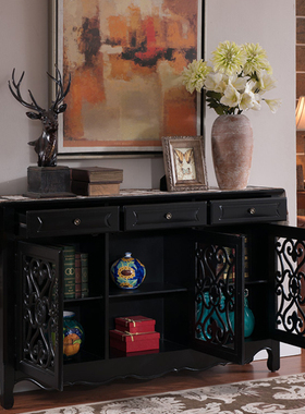 美式乡村客厅玄关柜实木镂空餐边柜储物收纳碗柜黑色三斗三门柜子