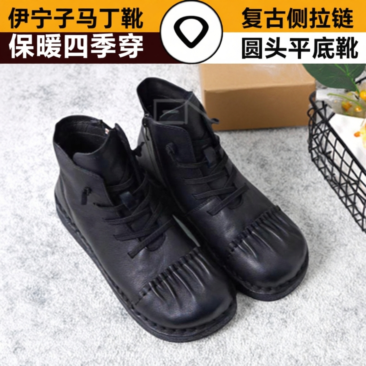 复古风头层牛皮马丁靴女