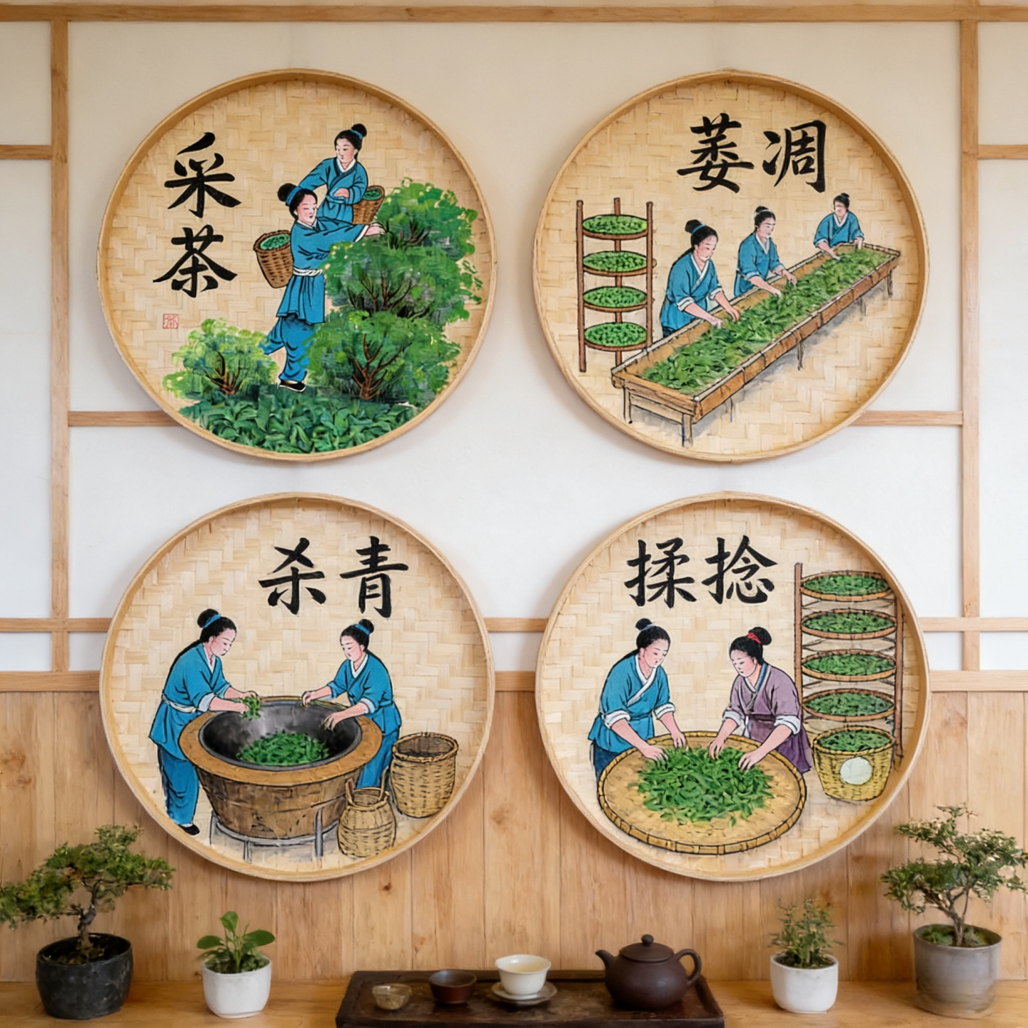 手绘竹编茶室茶道茶文化簸箕挂画图片