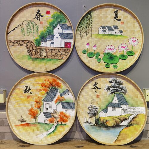 手绘簸箕画餐馆会所装饰画竹编筛
