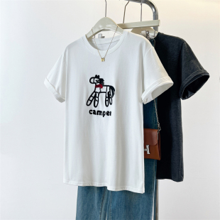 国潮正肩短袖 新款 t夏季 宽松显瘦半袖 潮牌上衣 短袖 刺绣纯棉T恤美式