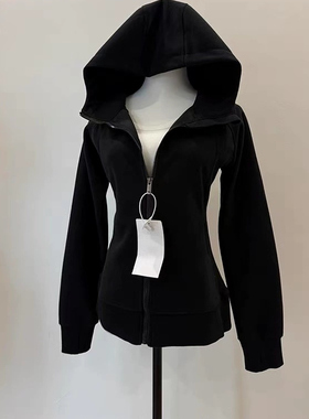 修身黑色卫衣外套女春秋季2025新款女款运动连帽薄款短款穿搭上衣