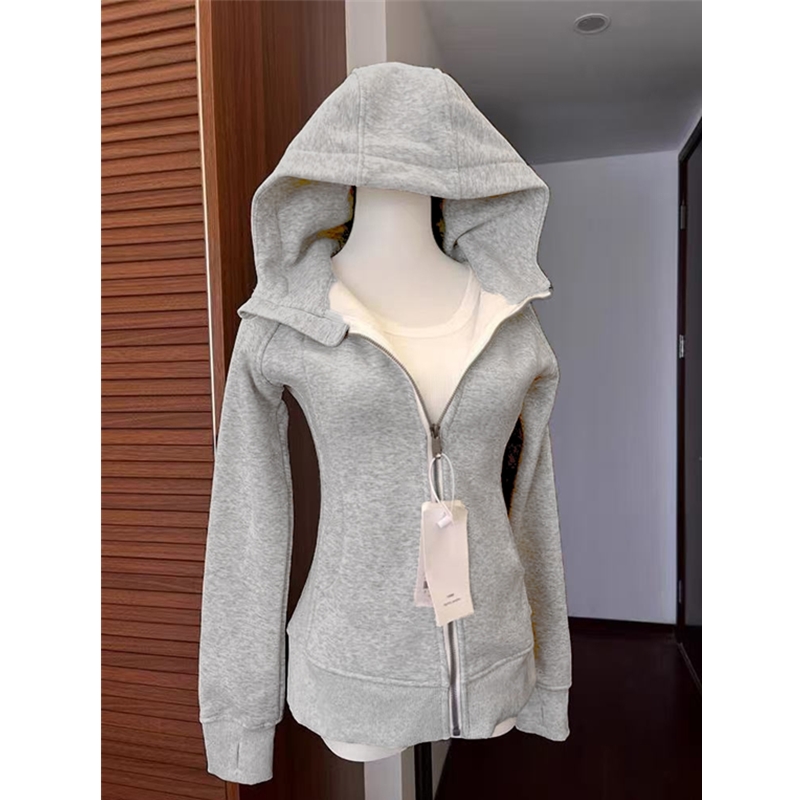 欧美风纯欲连帽针织开衫外套女春秋修身拉链瑜伽服健身长袖上衣潮