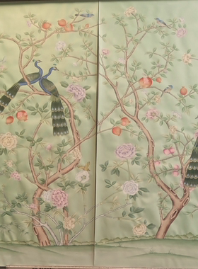 工笔花鸟真丝手绘壁纸电视沙发客厅卧室书房玄关墙纸art wallpape