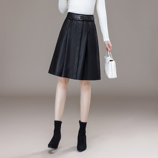 松紧腰PU皮半身裙女秋冬款 裙子高腰外穿百搭带口袋皮裙 外穿中长款