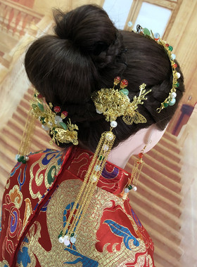 中式结婚礼发饰品古风秀禾服头饰新娘凤冠红色流苏步摇复古典简约