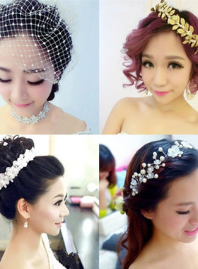 新娘头饰头花朵面纱网纱白色红色韩式结婚纱敬酒服配饰盘发饰拍照