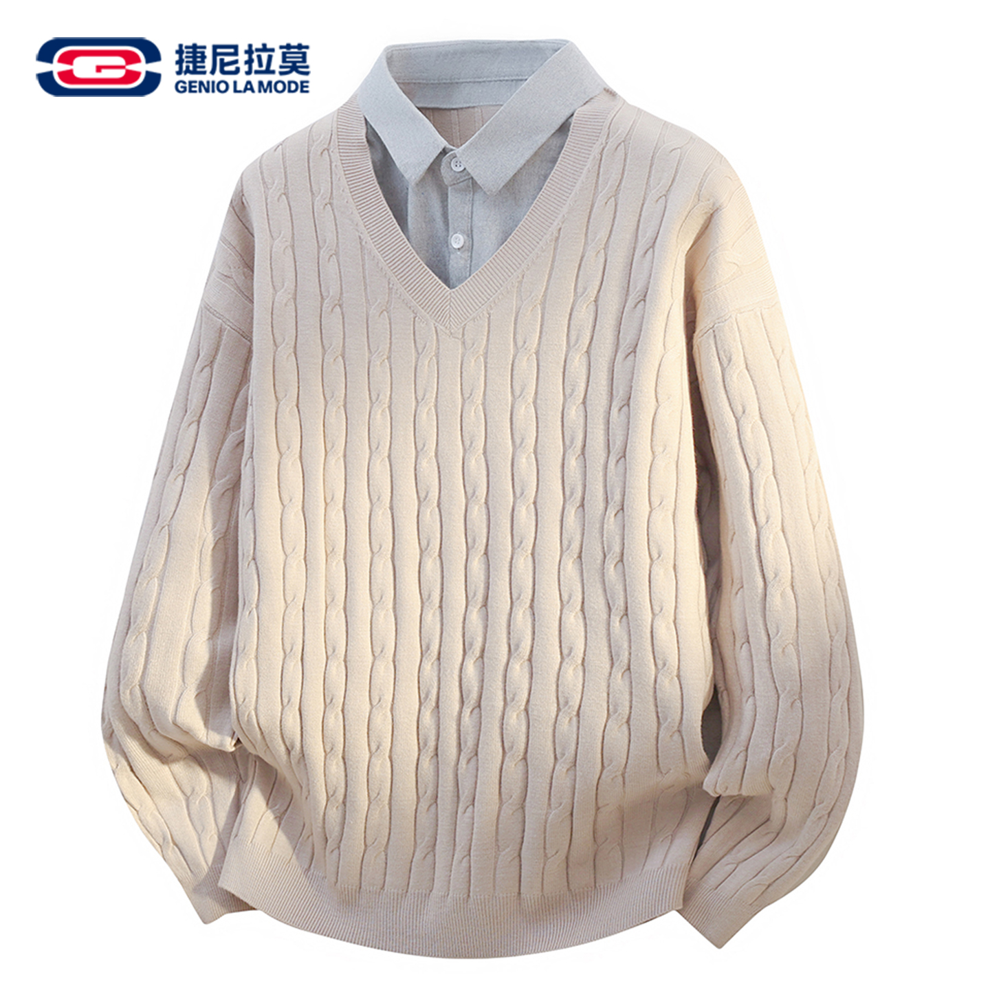 GENIOLAMODE假两件毛衣男款冬季学院风衬衫领青少年针织内搭潮款