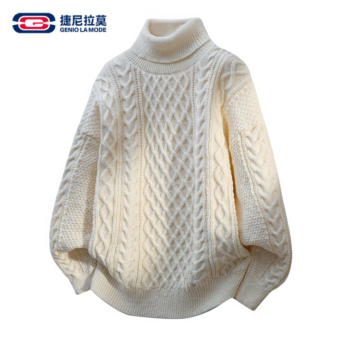 GENIOLAMODE白色毛衣男士秋冬阔版潮牌提花高领针织打底衫青少年