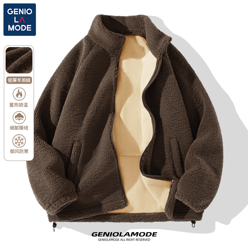 GENIOLAMODE羊羔绒外套男冬季美式复古加绒纯羊羔毛咖色立领棉服