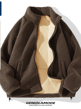 GENIOLAMODE羊羔绒外套男冬季美式复古加绒纯羊羔毛咖色立领棉服
