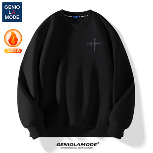 宽松无帽加绒上衣黑色高级套头衫 GENIOLAMODE男士 圆领卫衣秋冬季