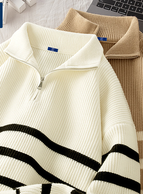 捷尼拉莫GENIOLAMODE针织衫男冬季polo领慵懒风条纹半拉链毛衣男