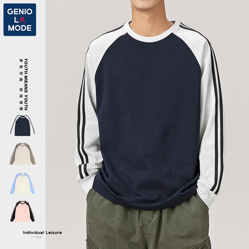 GENIOLAMODE长袖卫衣男款25春季美式街头拼接条纹潮牌插肩上衣t恤