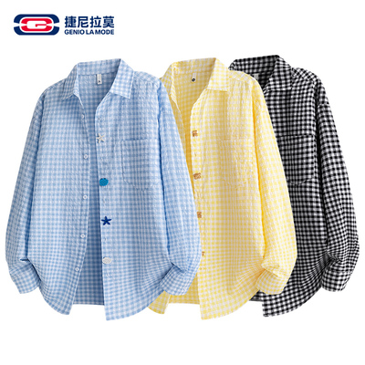 GENIOLAMODE衬衫男款秋季男女韩系多巴胺蓝色格子泡泡纱寸衫外套