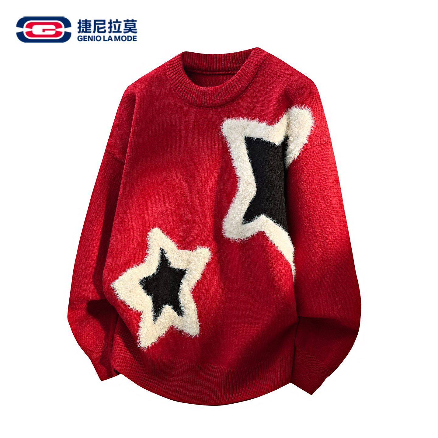 GENIOLAMODE毛衣男女秋冬本命年红色针织打底衫星星刺绣拼色内搭
