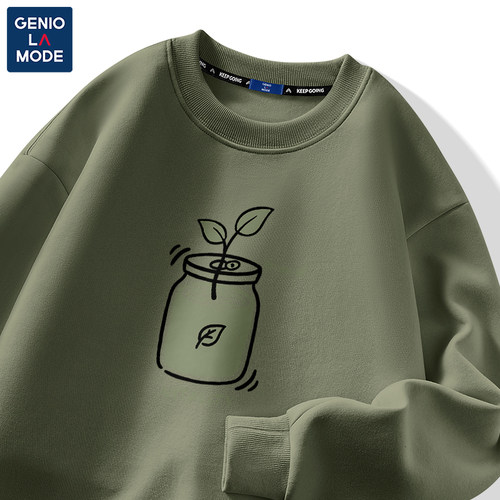 GENIOLAMODE复古绿色卫衣男生2025冬季加绒无帽小众高级套头上衣