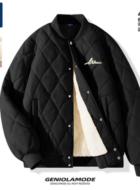 GENIOLAMODE菱格棉服男士冬季外套加绒加厚小众设计美式棒球服男