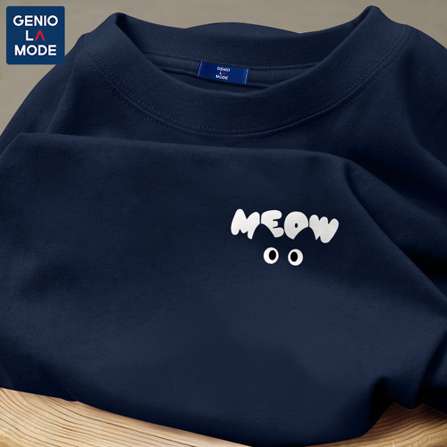 GENIOLAMODE纯棉短袖男女夏季创意猫咪藏青色t恤青少年休闲情侣装