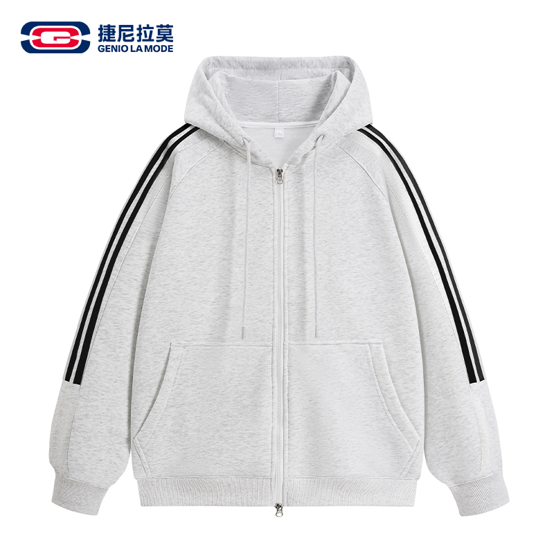 GENIOLAMODE双拉链三条杠卫衣男女款冬季麻灰色宽松运动开衫外套
