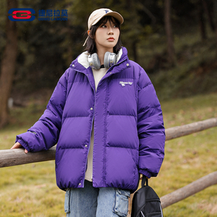 GENIOLAMODE潮牌羽绒服男女通勤风紫色高级感情侣鸭绒面包服冬款