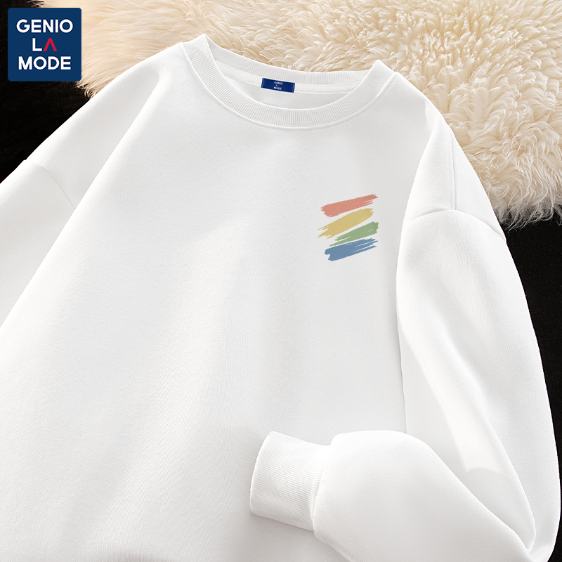 GENIOLAMODE日系圆领卫衣男冬季少年感白色简约休闲涂鸦男生上衣