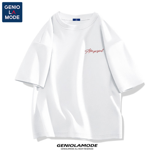 GENIOLAMODE设计感短袖男2025夏季男士美式字母潮流100%纯棉t恤衫