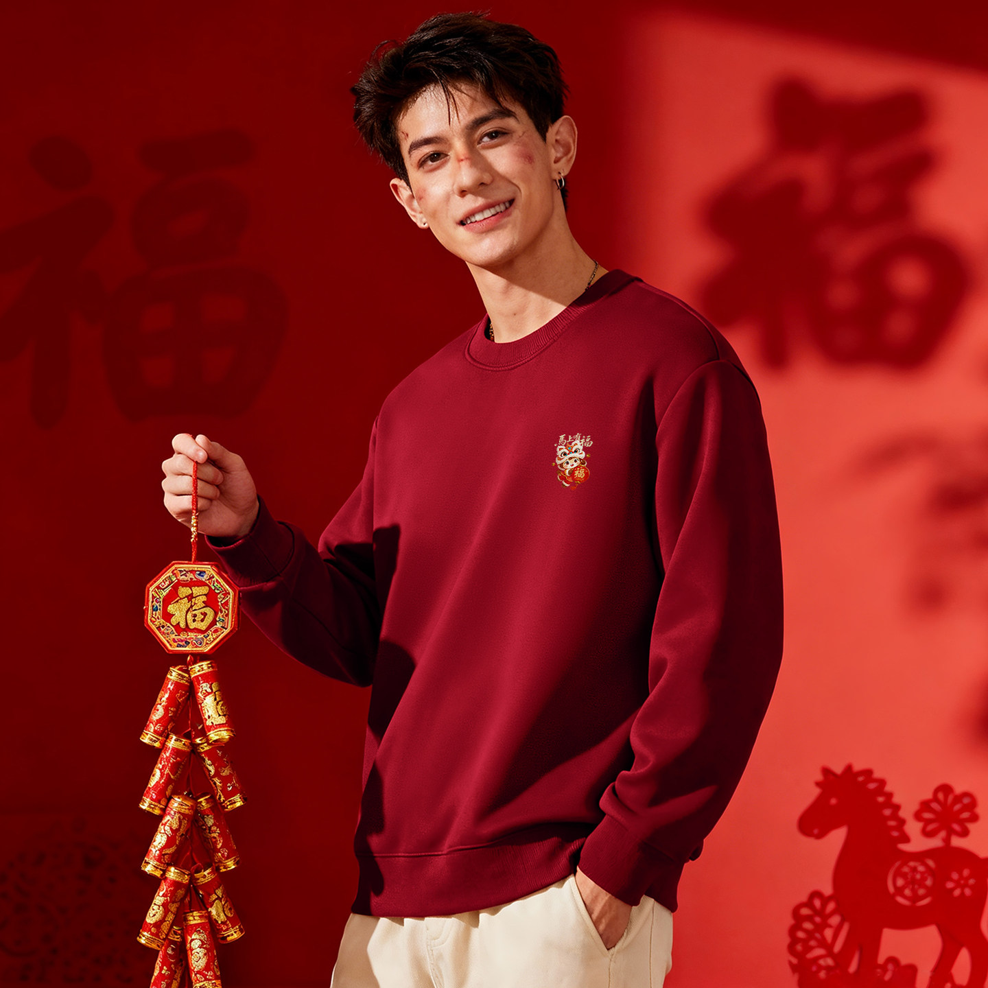 GENIOLAMODE卫衣男女加绒冬款保暖本命年红色马年情侣圆领打底衫