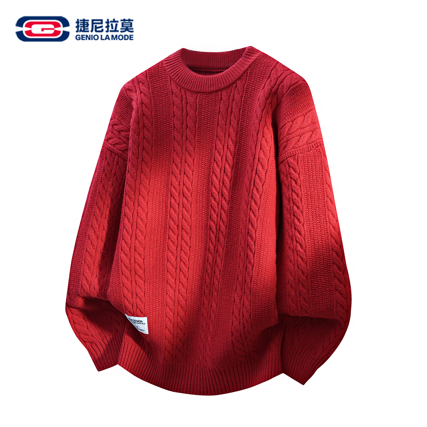 GENIOLAMODE圆领毛衣男款红色本命年马年打底内搭冬季绞花针织衫