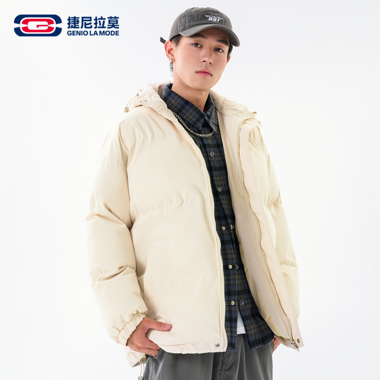 GENIOLAMODE棉服男士冬季加厚连帽宽松立领面包服夹棉保暖袄子男