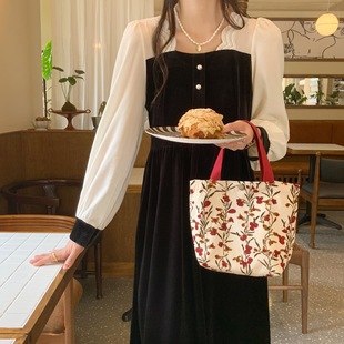 灯芯绒碎花女学生妈咪小号手提上班通勤便当饭盒帆布包包手拎袋子