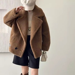 泰迪熊大衣短款 短外套羊羔毛皮毛一体冬 廓形小个子机车风翻领女装